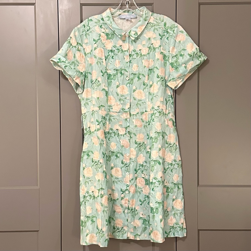 Hill House The Laura Dress Blue Roses Floral 100% Linen Button Down Large